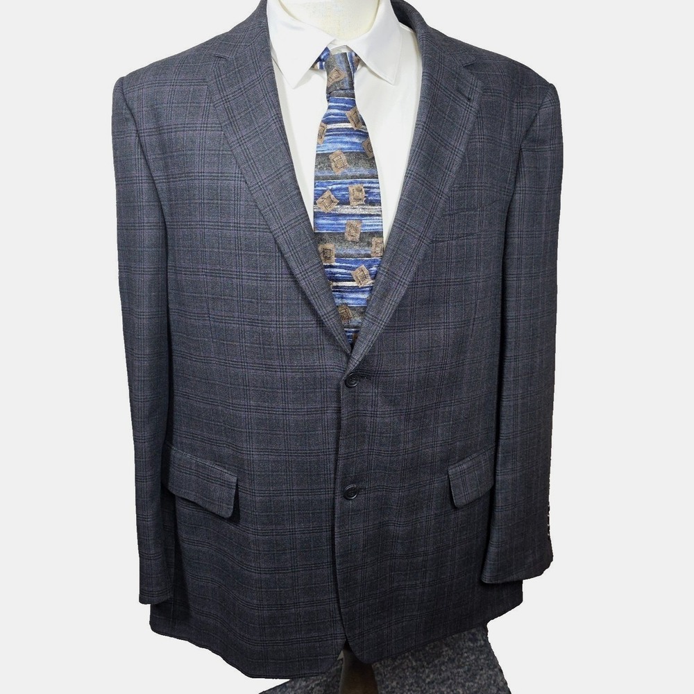 Claudio Morelli Blazer Mens 46 Tall Grey Purple Plaid Bamboo Blend Sport Coat